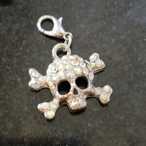 Rhinestone Skull Crossbones Charm Pendant AB Crystal Pave Lobster Clasp Dangle